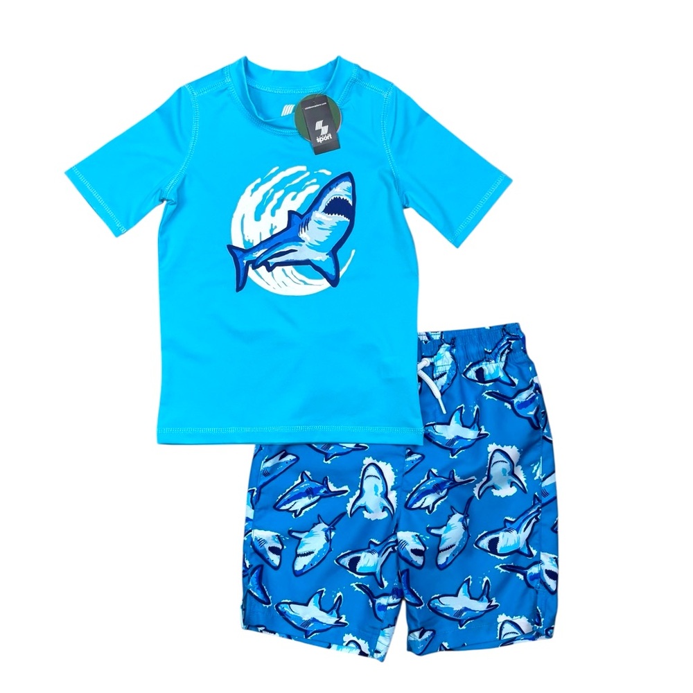 NWT Place Sport Shark Swim Trunks Rashguard Set 5T